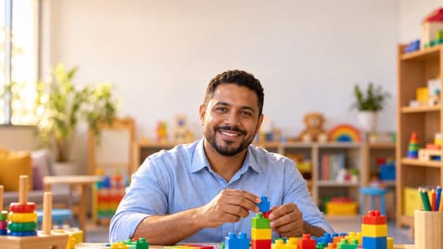Psicopedagogo sorrindo, com camisa azul-clara, segurando blocos de montar coloridos, em uma sala de atendimento infantil colorida e organizada, com brinquedos pedagógicos