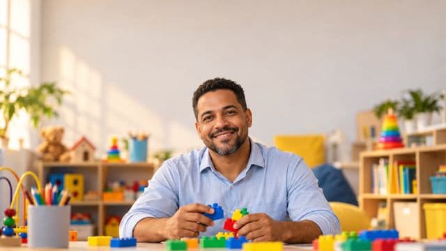 Psicopedagogo sorrindo, com camisa azul-clara, segurando blocos de montar coloridos, em uma sala de atendimento infantil colorida e organizada, com brinquedos pedagógicos