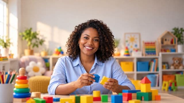 Psicopedagoga sorrindo, com camisa azul-clara, segurando blocos de montar coloridos, em uma sala de atendimento infantil colorida e organizada, com brinquedos pedagógicos