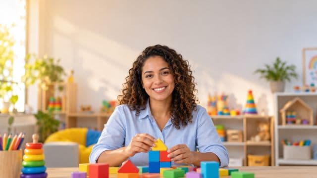 Psicopedagoga sorrindo, com camisa azul-clara, segurando blocos de montar coloridos, em uma sala de atendimento infantil colorida e organizada, com brinquedos pedagógicos