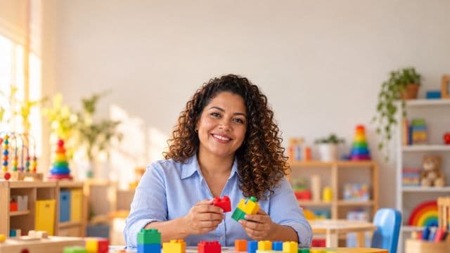 Psicopedagoga sorrindo, com camisa azul-clara, segurando blocos de montar coloridos, em uma sala de atendimento infantil colorida e organizada, com brinquedos pedagógicos