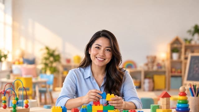 Psicopedagoga sorrindo, com camisa azul-clara, segurando blocos de montar coloridos, em uma sala de atendimento infantil colorida e organizada, com brinquedos pedagógicos