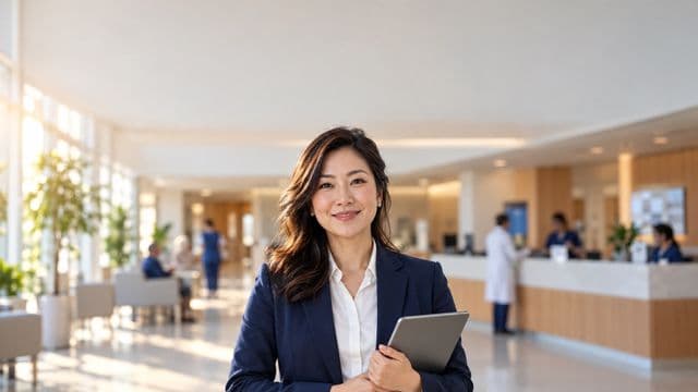Gestora hospitalar sorrindo, com blazer azul-marinho sobre camisa branca, segurando um tablet, em a recepção de um hospital moderno