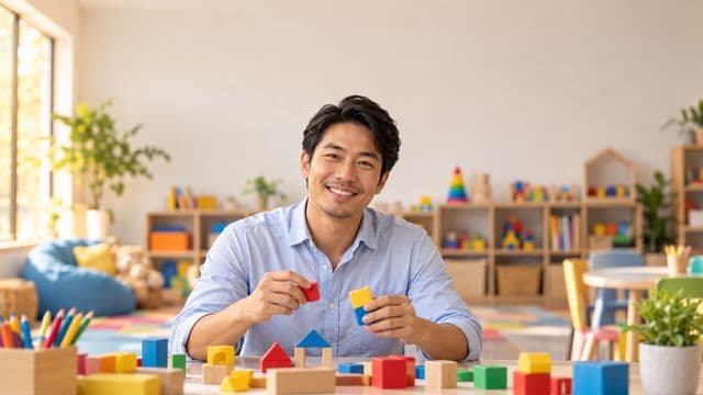 Psicopedagogo sorrindo, com camisa azul-clara, segurando blocos de montar coloridos, em uma sala de atendimento infantil colorida e organizada, com brinquedos pedagógicos