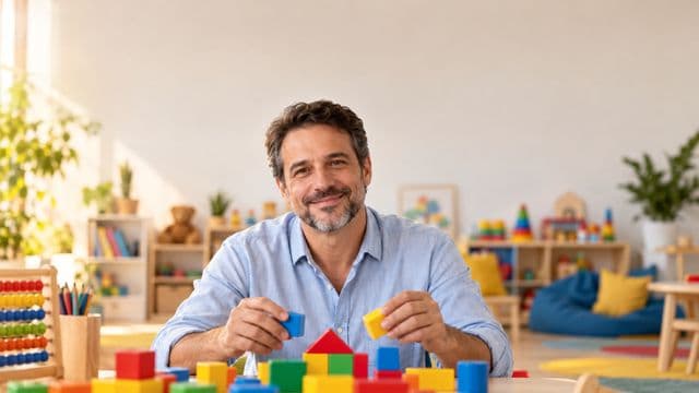 Psicopedagogo sorrindo, com camisa azul-clara, segurando blocos de montar coloridos, em uma sala de atendimento infantil colorida e organizada, com brinquedos pedagógicos