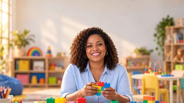 Psicopedagoga sorrindo, com camisa azul-clara, segurando blocos de montar coloridos, em uma sala de atendimento infantil colorida e organizada, com brinquedos pedagógicos
