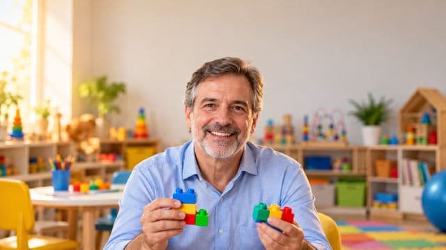 Psicopedagogo sorrindo, com camisa azul-clara, segurando blocos de montar coloridos, em uma sala de atendimento infantil colorida e organizada, com brinquedos pedagógicos