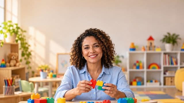 Psicopedagoga sorrindo, com camisa azul-clara, segurando blocos de montar coloridos, em uma sala de atendimento infantil colorida e organizada, com brinquedos pedagógicos