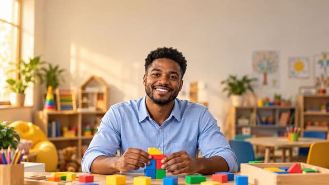 Psicopedagogo sorrindo, com camisa azul-clara, segurando blocos de montar coloridos, em uma sala de atendimento infantil colorida e organizada, com brinquedos pedagógicos