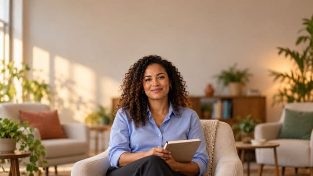 Psicóloga sorrindo, com camisa social azul, sem gravata, segurando um caderno de anotações, em um consultório de psicologia aconchegante com poltronas e plantas