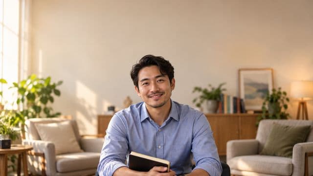 Psicólogo sorrindo, com camisa social azul, sem gravata, segurando um caderno de anotações, em um consultório de psicologia aconchegante com poltronas e plantas