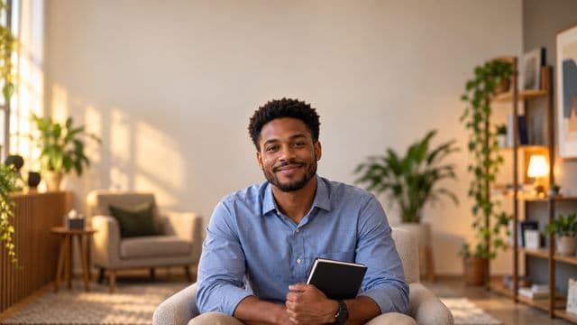 Psicólogo sorrindo, com camisa social azul, sem gravata, segurando um caderno de anotações, em um consultório de psicologia aconchegante com poltronas e plantas