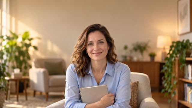 Psicóloga sorrindo, com camisa social azul, sem gravata, segurando um caderno de anotações, em um consultório de psicologia aconchegante com poltronas e plantas