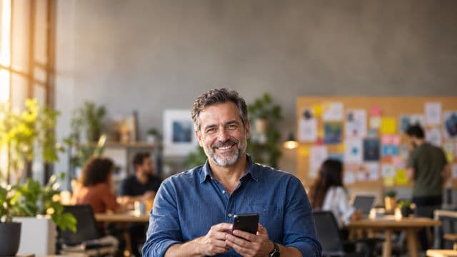 Profissional de marketing sorrindo, com camisa casual azul, segurando um smartphone, em uma agência criativa moderna com equipe desfocada e quadros de ideias