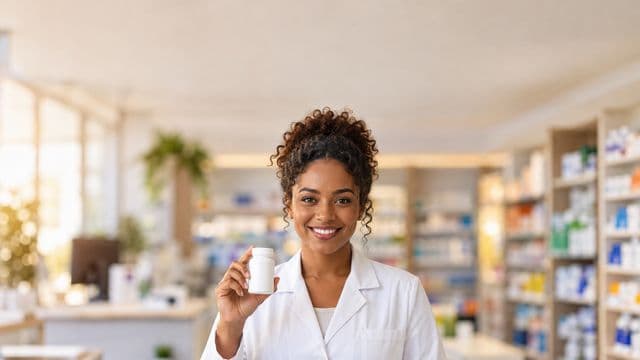 Farmacêutica sorrindo, com jaleco branco, segurando um frasco de medicamento sem rótulo legível, em uma farmácia moderna com prateleiras organizadas