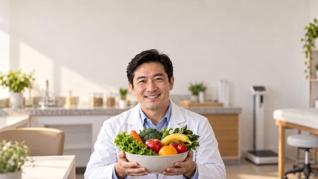Nutricionista sorrindo, com jaleco branco sobre camisa azul-clara, segurando uma tigela de frutas e legumes frescos, em um consultório de nutrição claro com bancada e balança