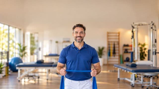 Fisioterapeuta sorrindo, com camisa polo azul e calça branca, segurando uma faixa elástica de exercício, em uma clínica de fisioterapia com macas e aparelhos