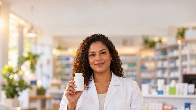 Farmacêutica sorrindo, com jaleco branco, segurando um frasco de medicamento sem rótulo legível, em uma farmácia moderna com prateleiras organizadas