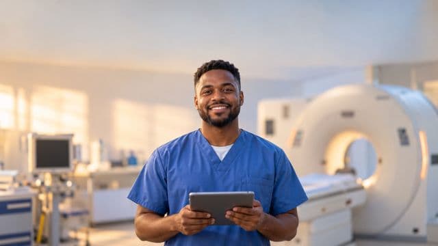 Técnico em radiologia sorrindo, com uniforme hospitalar azul, segurando um tablet, em uma sala de exames de imagem com um tomógrafo