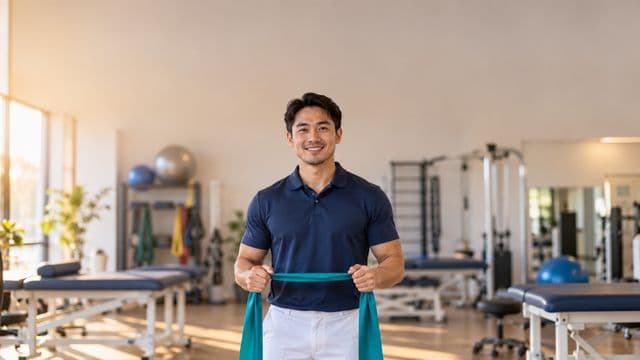 Fisioterapeuta sorrindo, com camisa polo azul e calça branca, segurando uma faixa elástica de exercício, em uma clínica de fisioterapia com macas e aparelhos