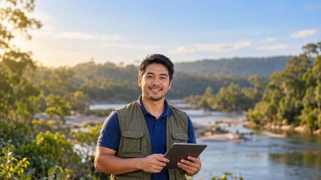 Gestor ambiental sorrindo, com camisa polo azul e colete de campo, segurando um tablet, em uma área de preservação com mata e um rio