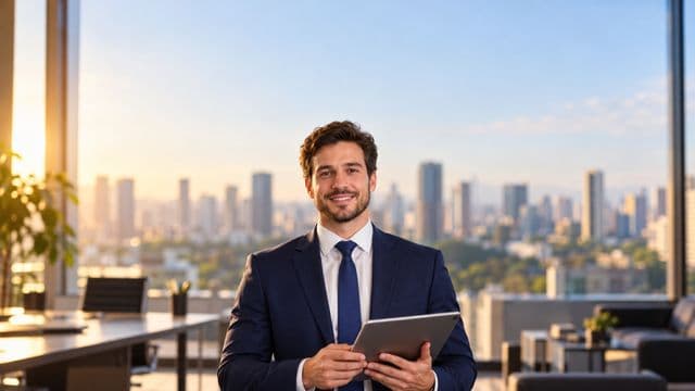 Analista financeiro sorrindo, com terno azul-marinho, segurando um tablet, em um escritório corporativo com vista para a cidade