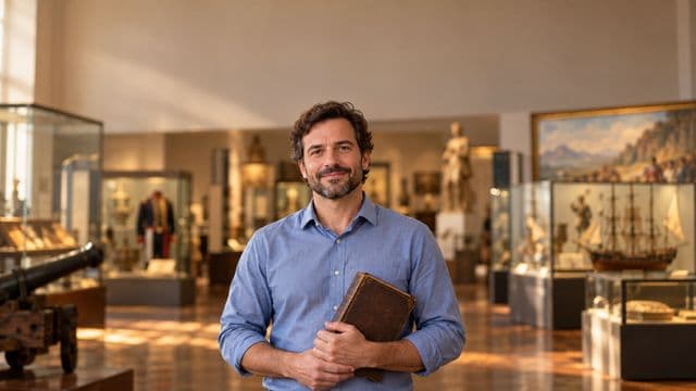 Professor de história sorrindo, com camisa social azul, segurando um livro antigo de capa lisa, em um museu histórico com vitrines desfocadas