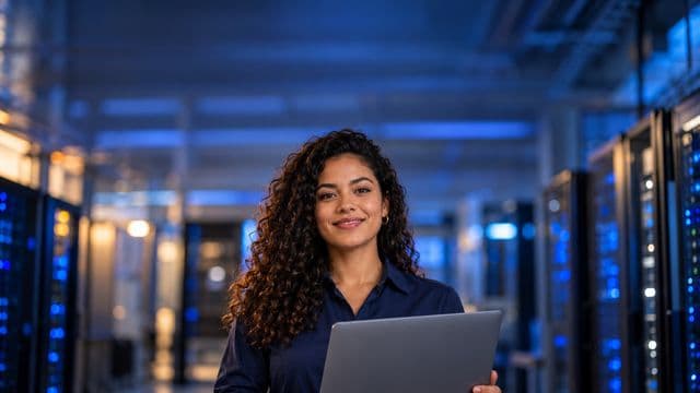 Especialista em segurança da informação sorrindo, com camisa social azul-escura, segurando um notebook, em uma sala de servidores com luzes azuis