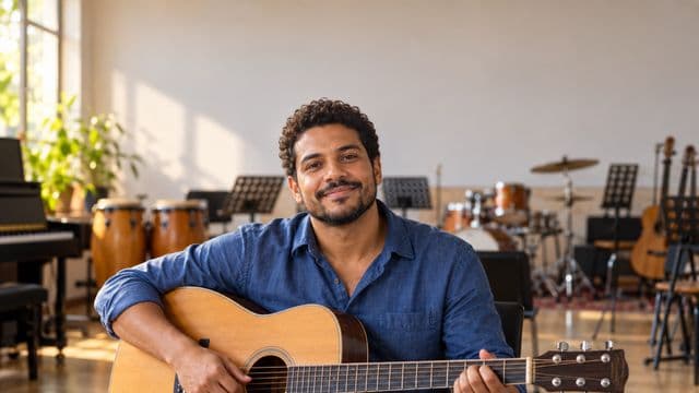 Professor de música sorrindo, com camisa casual azul, segurando um violão, em uma sala de música com instrumentos