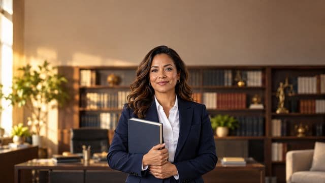 Advogada sorrindo, com terno azul-marinho e camisa branca, segurando um livro de capa lisa, em um escritório de advocacia elegante com estantes de livros