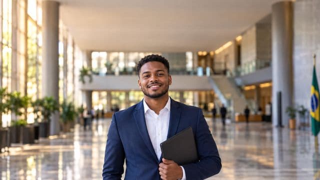 Servidor público sorrindo, com blazer azul-marinho sobre camisa branca, segurando uma pasta, em o saguão amplo de um prédio público moderno