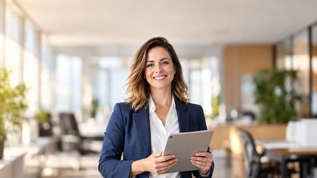 Profissional sorrindo, com blazer azul sobre camisa branca, segurando um tablet, em um escritório moderno e bem iluminado