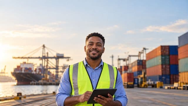 Analista de comércio exterior sorrindo, com camisa social azul e colete refletivo, segurando um tablet, em um porto com contêineres coloridos empilhados