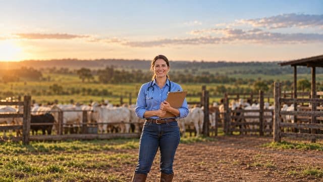 Médica veterinária sorrindo, com camisa azul de mangas compridas e botas, segurando uma prancheta, em uma fazenda com gado e cercas de madeira