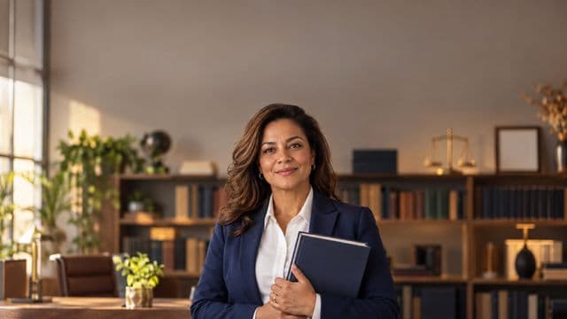Advogada sorrindo, com terno azul-marinho e camisa branca, segurando um livro de capa lisa, em um escritório de advocacia elegante com estantes de livros