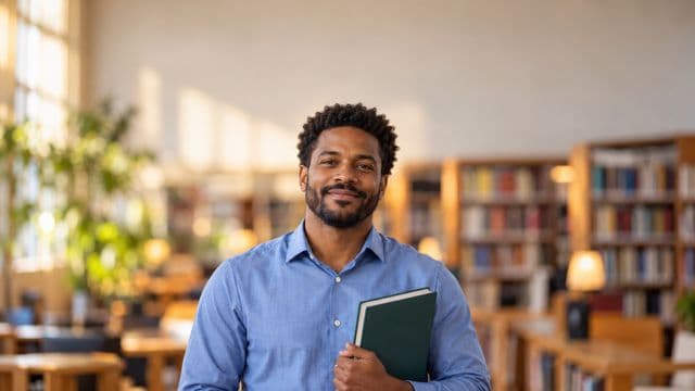 Professor de ciências humanas sorrindo, com camisa social azul, segurando um livro de capa lisa, em uma biblioteca universitária com estantes