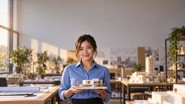 Arquiteta sorrindo, com camisa social azul, segurando uma pequena maquete branca, em um escritório de arquitetura com pranchetas e maquetes