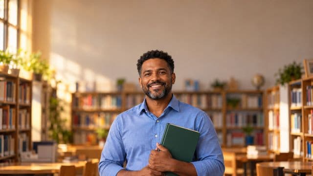 Professor de língua portuguesa sorrindo, com camisa social azul, segurando um livro de capa lisa, em uma biblioteca escolar com estantes