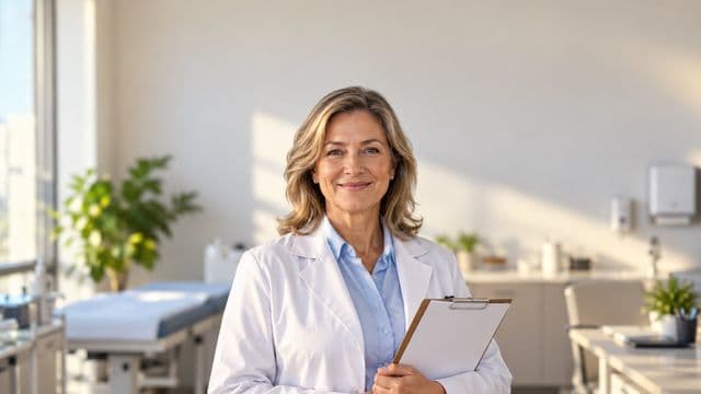 Profissional de saúde sorrindo, com jaleco branco sobre camisa azul-clara, segurando uma prancheta, em uma clínica moderna e bem iluminada