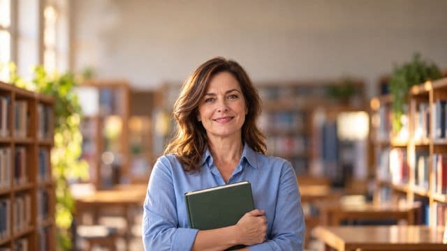 Professora de língua portuguesa sorrindo, com camisa social azul, segurando um livro de capa lisa, em uma biblioteca escolar com estantes