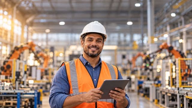 Engenheiro de automação sorrindo, com capacete branco e colete laranja sobre camisa azul, segurando um tablet, em uma fábrica moderna com braços robóticos