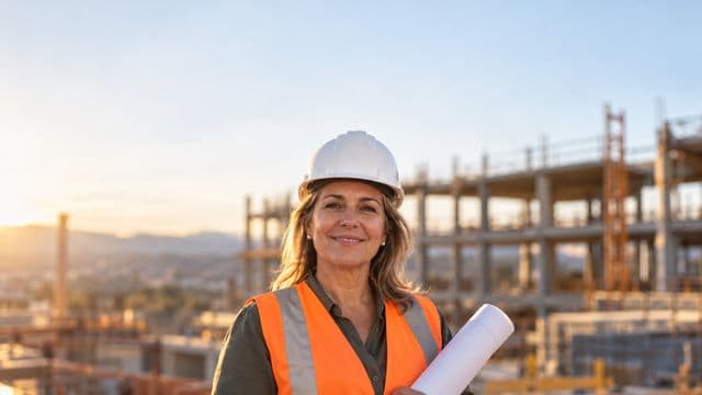 Engenheira civil sorrindo, com capacete branco e colete refletivo laranja, segurando uma planta da obra enrolada, em um canteiro de obras com a estrutura de um prédio