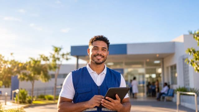 Agente de saúde pública sorrindo, com colete azul de equipe de saúde sobre camisa branca, segurando um tablet, em uma unidade básica de saúde moderna