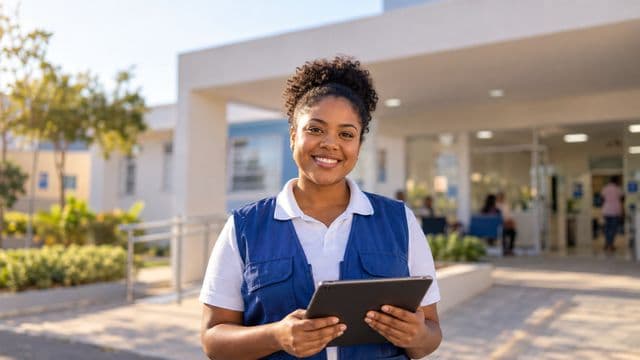 Agente de saúde pública sorrindo, com colete azul de equipe de saúde sobre camisa branca, segurando um tablet, em uma unidade básica de saúde moderna