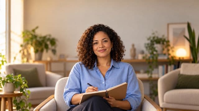 Psicóloga sorrindo, com camisa social azul, sem gravata, segurando um caderno de anotações, em um consultório de psicologia aconchegante com poltronas e plantas