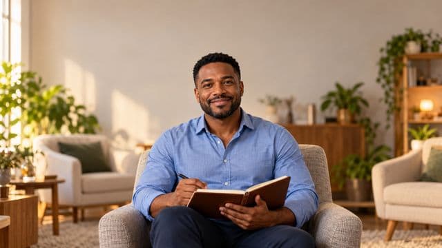 Psicólogo sorrindo, com camisa social azul, sem gravata, segurando um caderno de anotações, em um consultório de psicologia aconchegante com poltronas e plantas