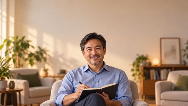 Psicólogo sorrindo, com camisa social azul, sem gravata, segurando um caderno de anotações, em um consultório de psicologia aconchegante com poltronas e plantas