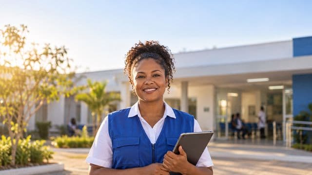 Agente de saúde pública sorrindo, com colete azul de equipe de saúde sobre camisa branca, segurando um tablet, em uma unidade básica de saúde moderna