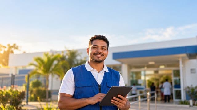 Agente de saúde pública sorrindo, com colete azul de equipe de saúde sobre camisa branca, segurando um tablet, em uma unidade básica de saúde moderna