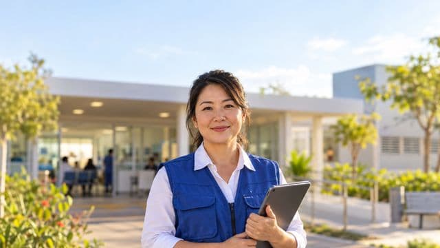 Agente de saúde pública sorrindo, com colete azul de equipe de saúde sobre camisa branca, segurando um tablet, em uma unidade básica de saúde moderna